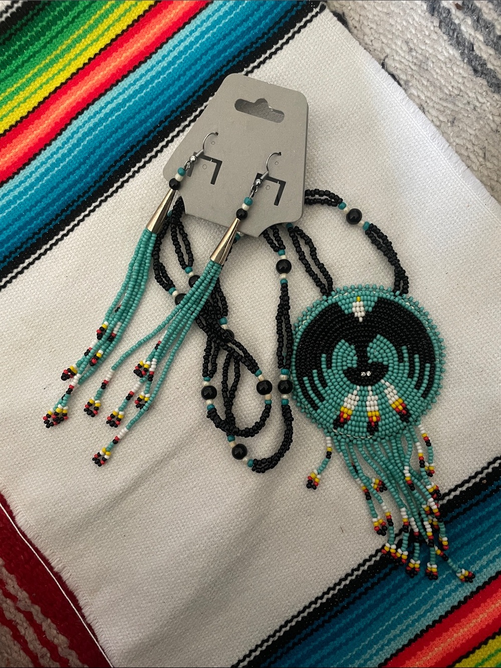 Handmade Turquoise & Black Beaded Necklace and Earrings Set